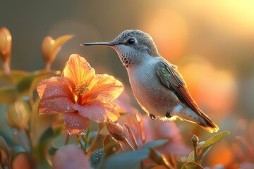 Hummingbird on orange flower, sunrise glow