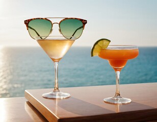 Cocktail and sunglasses on the desk: summer vacations