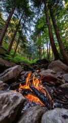 Campfire flames burning brightly in a forest surrounded by towering trees and rocks during sunset