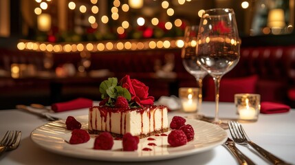 Elegant cheesecake dessert with raspberry topping, presented on a plate. Romantic ambiance