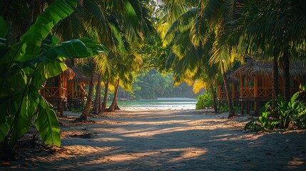 Tropical beach path lined with huts, lush greenery