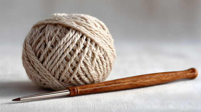 Cream-Colored Yarn Ball and Crochet Hook A Close-Up Photography