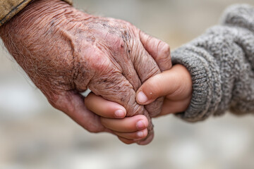 Fototapeta premium Two hands, one aged and weathered, the other small and youthful, symbolize a deep connection between generations, embodying love and tenderness.