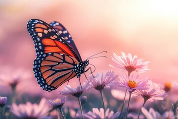 Fototapeta premium Monarch butterfly on pink flowers at sunset