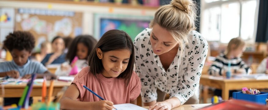 The teacher assisting a student with creative writing in a vibrant classroom.
