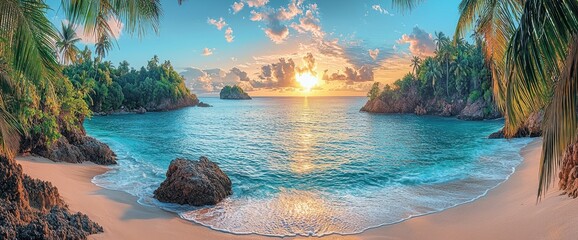 Tropical beach paradise at sunset