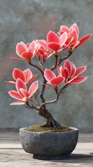 Artistic depiction of a red-leaved bonsai tree in a rustic stone pot against a textured background