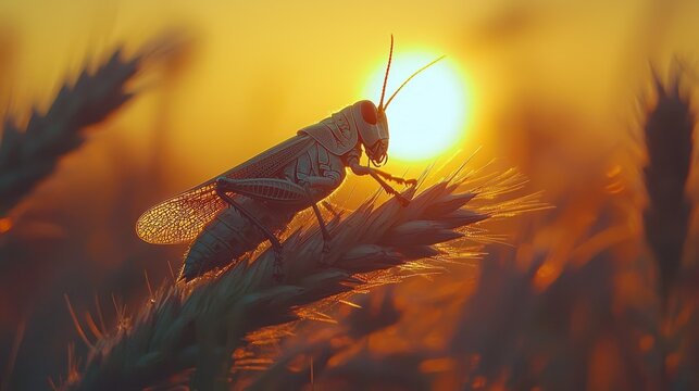 Silhouetted grasshopper on wheat stalk at sunset