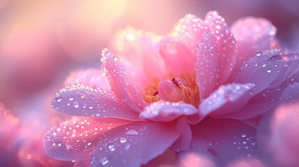 Fototapeta premium Soft pink peony, dew drops, golden light