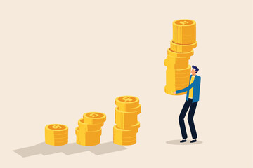 Compound interest effect, high return investment stock market or growth and prosperity economic concept, businessman investor holding high stack of dollar money coins to put as growth compound graph.