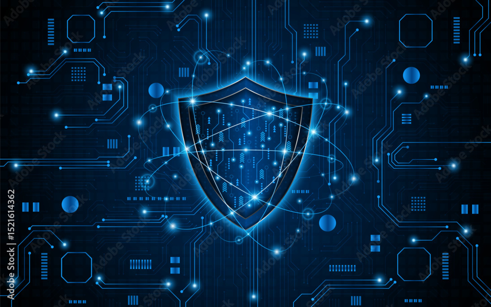 Poster Abstract technology circuit board background with shield symbols concept of data protection and cyber privacy. modern security technology innovation concept background