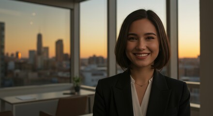 Businesswoman smiling against city sunset office setting professional portrait urban environment empowerment concept