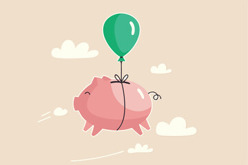 Financial freedom, growth retirement saving or rising profit investment for financial succeed concept, happy cute pink piggy bank floating fly to freedom in the sky minimal style.