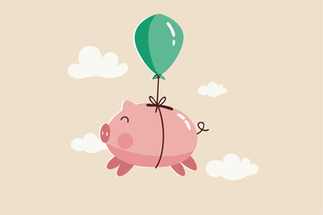 Financial freedom, growth retirement saving or rising profit investment for financial succeed concept, happy cute pink piggy bank floating fly to freedom in the sky minimal style.