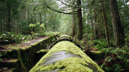 Moss-covered industrial pipeline extends into a dense, green forest, symbolizing nature reclaiming human-made structures under soft, overcast light — ai generative.