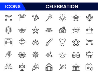 Festive vector web line icons capturing celebration, joy, parties, events, confetti, gifts, and vibrant moments of togetherness.