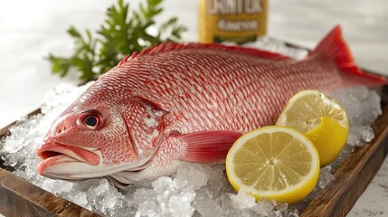 Fresh red fish on ice with lemon