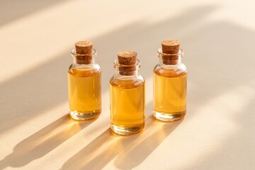 Elegant glass vials with luminous golden liquid create a warm ambiance in a minimalist setting