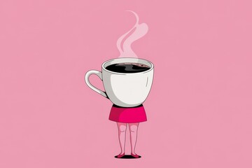 Coffee cup character stands playfully against a pink background evoking warmth and creativity in a whimsical design