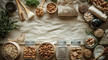 Fototapeta premium Overhead view of various nuts, seeds, and grains arranged on a light beige linen cloth