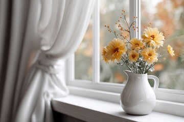 Bright morning light fills the cozy room, enhancing the delicate beauty of yellow flowers on the sunny windowsill