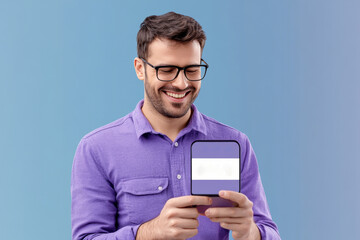 Smiling man enjoying a five-star review on his phone in a light blue background