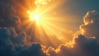 Fototapeta premium Golden rays pierce through ethereal clouds, illuminating a celestial landscape, hinting at a divine presence Perfect for religious, fantasy, or spiritual projects , powerful, cosmic, sacred