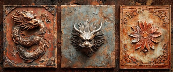 Ornate, rust-colored tiles with embossed dragon and flower designs
