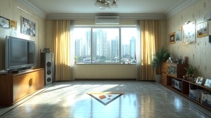 Sunny living room with city view