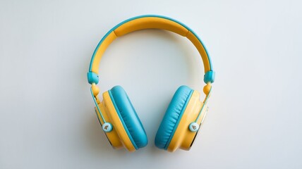 Colorful headphones on white background. Modern accessory with yellow and turquoise earcups. Audio tech, listening to music, wireless design for comfort and entertainment. Studio shot.