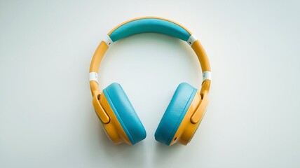 Colorful headphones on white background. Modern accessory with yellow and turquoise earcups. Audio tech, listening to music, wireless design for comfort and entertainment. Studio shot.