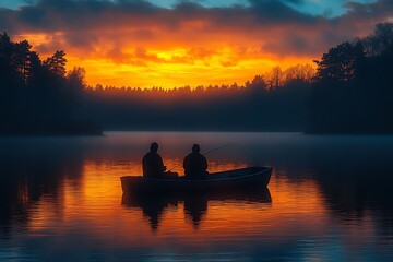 Two fishermen in a boat at sunset on a lake
