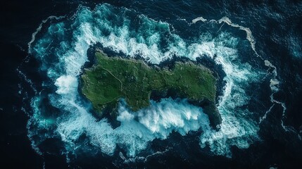 Island encircled by turbulent ocean waves
