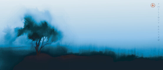 Sumi-e style vector landscape with a dark tree silhouette in deep blue twilight mist and soft fading light. Hieroglyph - eternity