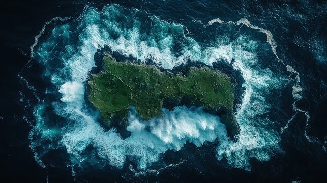 Island encircled by turbulent ocean waves