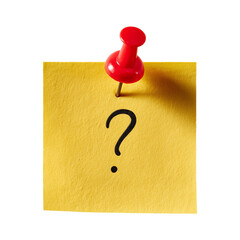 A yellow sticky note with a question mark and a red push pin on a white background in a close up shot