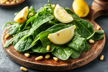 Green spinach and arugula leaves on a wooden board, garnished with lemon wedges and pine nuts