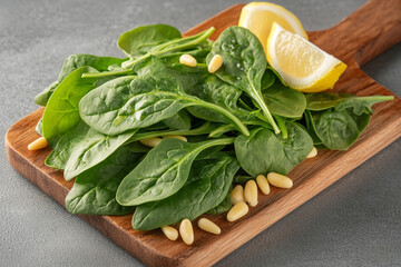 Green spinach and arugula leaves on a wooden board, garnished with lemon wedges and pine nuts