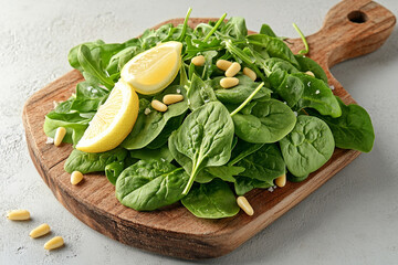 Green spinach and arugula leaves on a wooden board, garnished with lemon wedges and pine nuts