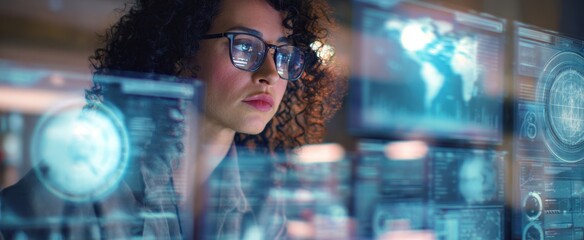 The woman analyzing data through futuristic digital interface in modern office environment.