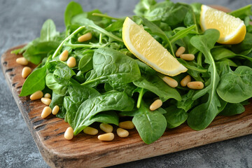Green spinach and arugula leaves on a wooden board, garnished with lemon wedges and pine nuts