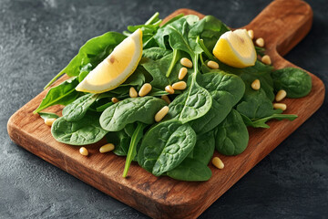Green spinach and arugula leaves on a wooden board, garnished with lemon wedges and pine nuts