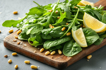 Green spinach and arugula leaves on a wooden board, garnished with lemon wedges and pine nuts