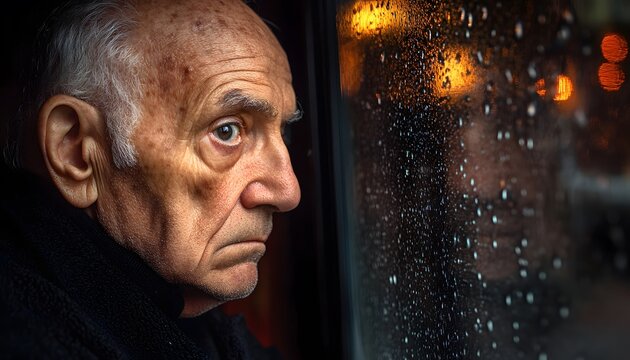 Close-up profile of a pensive senior man looking out a window.
