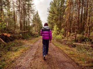 Fototapeta premium A woman in a purple jacket and dark pants walks on a dirt narrow road in a forest park. The road is surrounded by trees and the sky is cloudy. Day out in nature to get fresh air. Travel and tourism