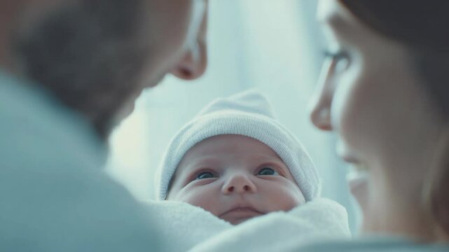 father and mother smiling at new born toddler at hospital