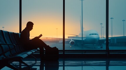 A lone traveler sits and waits at the airport terminal window while holding his device.
