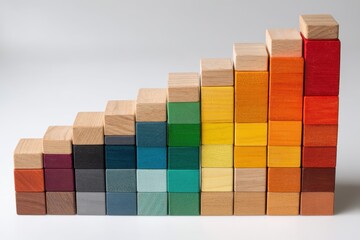 A colorful stack of wooden toy blocks arranged as a staircase, symbolizing growth, progress, and the development of skills and creative potential, isolated on a white surface.