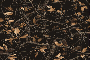 A camouflage pattern made of branches and leaves, with a dark background and a seamless design. Realistic forest camouflage. Seamless pattern. Hunting camo texture, Abstract camouflage.