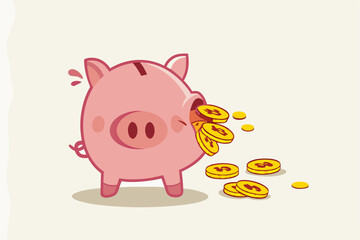 Money loss from investment failure, bad habit problem in personal finance, debt crisis or inflation money reduction concept, depress sadness broken pink piggy bank with money dollar coins pouring out.